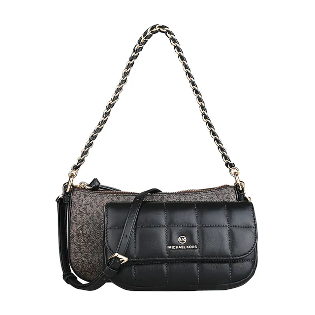 【Michael Kors】MICHAEL KORS 印花PVC搭牛皮拉鍊釦式四合一斜背包(深褐x多色)