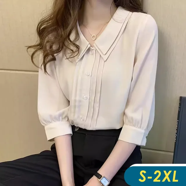 【CHACO】/現貨/女春秋杏色5分袖娃娃領OL紡衫襯衫上衣#6975(雪紡 上衣 襯衫 娃娃領 杏色 女 春夏)