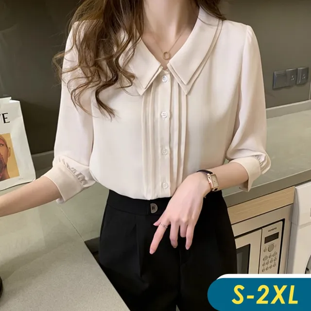 【CHACO】/現貨/女春秋杏色5分袖娃娃領OL紡衫襯衫上衣#6975(雪紡 上衣 襯衫 娃娃領 杏色 女 春夏)