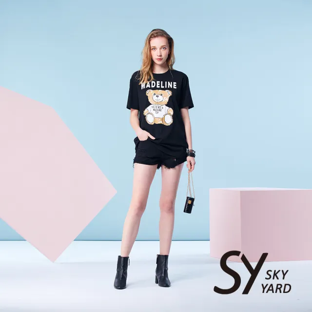 【SKY YARD】網路限定款-時尚小熊彈性棉質短袖T恤-黑色