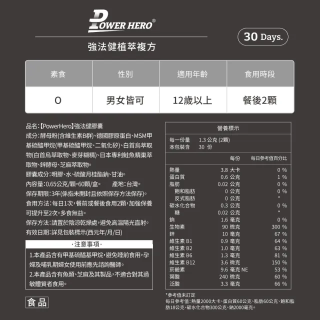 【PowerHero 勁漢英雄】增量16% 強法健植萃複方x1盒(60顆/盒、10倍濃縮白首烏萃取)