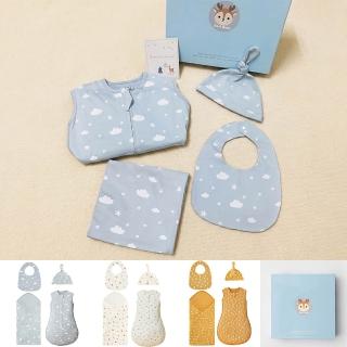 【Kori Deer 可莉鹿】彌月禮盒組-北歐風嬰兒萬用包巾+寶寶帽+圍兜+防踢背心四件組(彌月禮滿月寶寶被嬰兒帽)