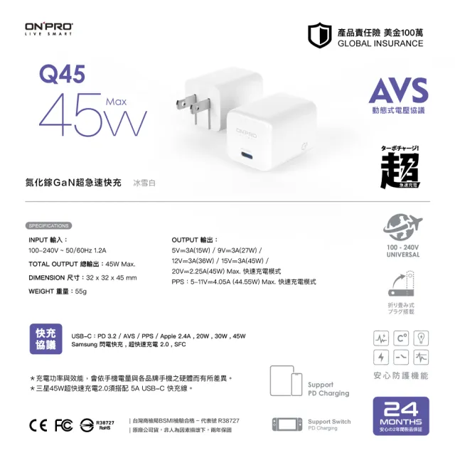 【ONPRO】Q45 AVS 氮化鎵GaN 45W 迷你Type-C PD快充充電器(Q45)