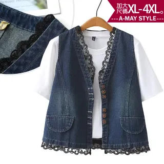 【Amay Style 艾美時尚】夏新品 中大尺碼女裝 丹寧 馬甲 復古甜美設計蕾絲拼接牛仔背心。XL-4XL(深藍.預購)