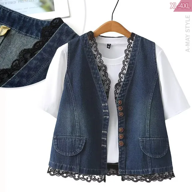 【Amay Style 艾美時尚】夏新品 中大尺碼女裝 丹寧 馬甲 復古甜美設計蕾絲拼接牛仔背心。XL-4XL(深藍.預購)