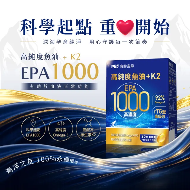 【寶齡富錦】EPA 1000 高純度魚油+K2 3入組(30顆1入/Omega-3/維生素K2)