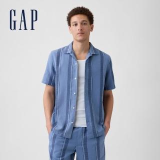 【GAP】標準版型亞麻混紡度假襯衫-藍色條紋(899038)