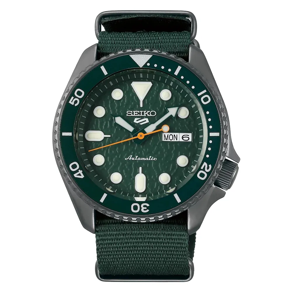 【SEIKO 精工】5 Sports 帆布帶波紋面水鬼機械錶-湖水綠/42.5mm(SRPD77K1 / 4R36-07G0H)