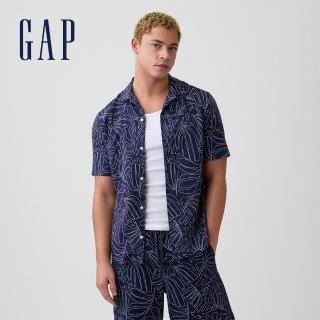 【GAP】標準版型亞麻混紡度假襯衫-海軍藍葉(763001)