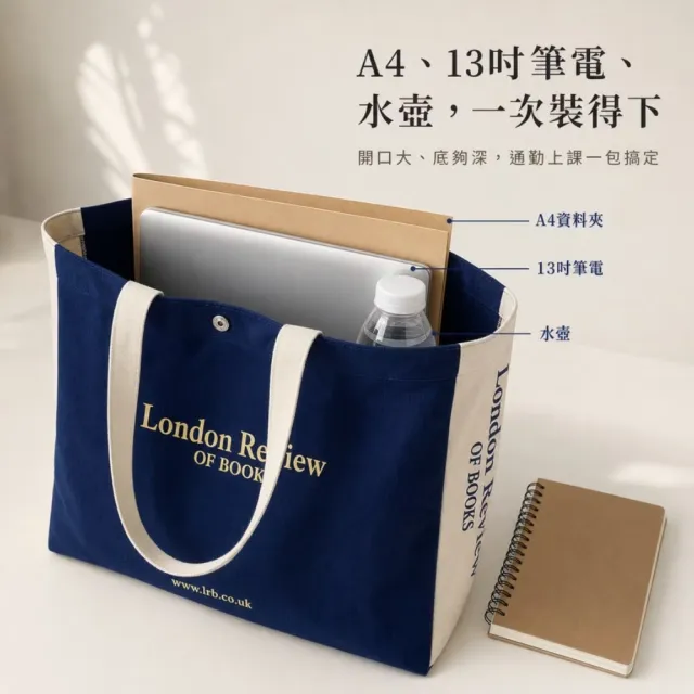 韓風文藝字母質感帆布單肩包(內袋 A4手提包 大學生 購物袋 休閒包 通勤 書包