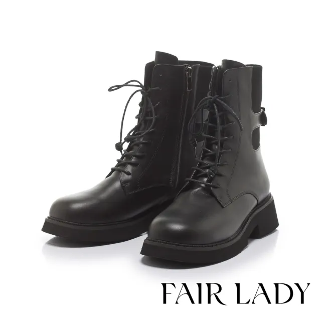【FAIR LADY】小時光 率性拼接織帶後釦中筒軍靴(黑/7M3108 女鞋)