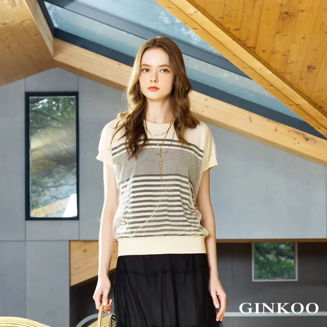 【GINKOO 俊克】網莎落肩袖條紋針織上衣