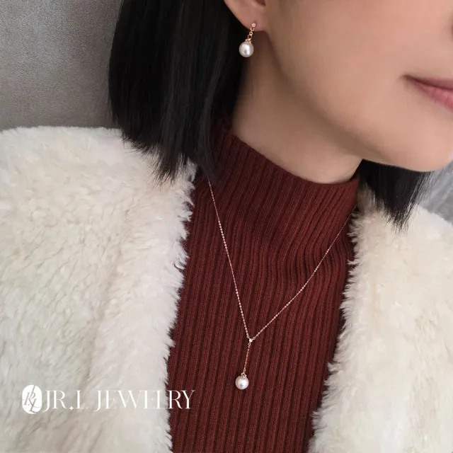 【JR.L JEWELRY】天然珍珠 淡月柔光18K金天然鑽石珍珠套組(耳環8-8.5/項鍊8.5-9MM)