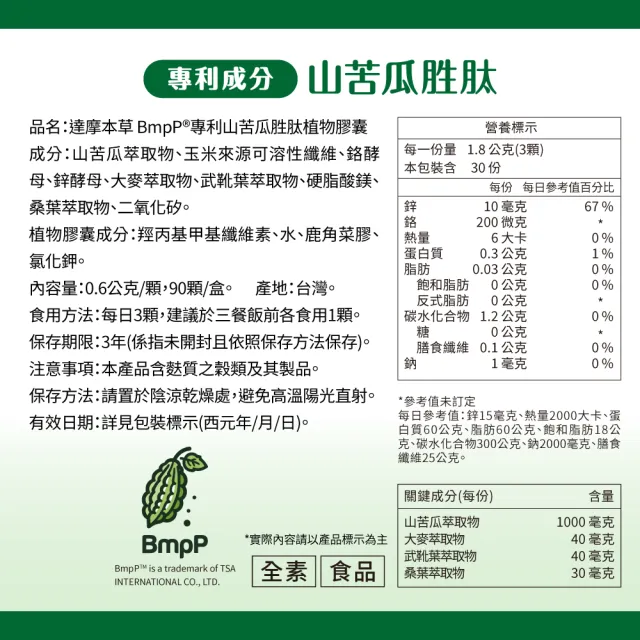 【達摩本草】BmpP®專利山苦瓜胜肽 4入90顆/盒(世界專利、添加天然酵母鉻)