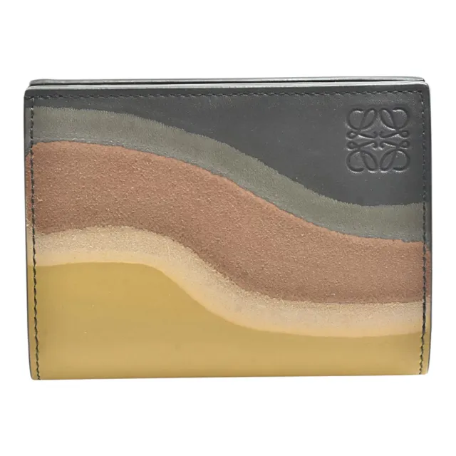 【LOEWE 羅威】經典Compact Landscape系列納帕小牛皮麂皮撞色短夾/錢包(酒瓶綠/赭黃)