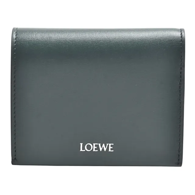 【LOEWE 羅威】經典銀色LOGO燙印小牛皮暗釦三折短夾/錢包(深綠色)