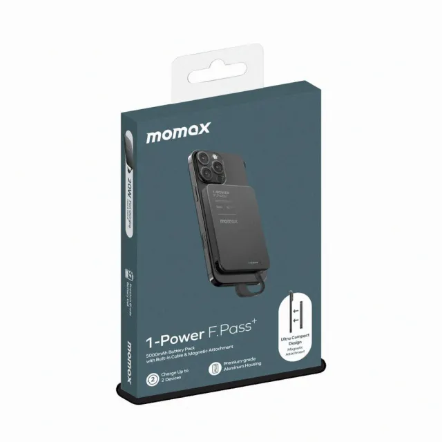 【Momax】(不支援磁吸充電)5000mAh隱形自帶線行動電源(型號1-Power F.Pass+) CCC認證 中秋送禮