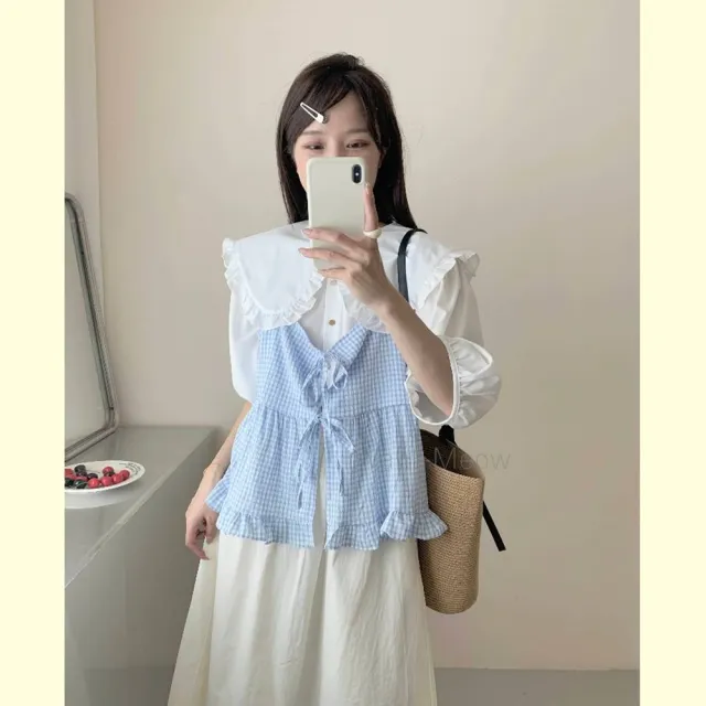 【Want-Meow】100公斤可穿/訂製大胸可日系可木耳邊格紋背心多層次穿搭綁帶背心(大碼上衣/大碼/大尺碼/背心)