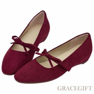 【Grace Gift】日常可愛感蝴蝶結瑪莉珍內增高平底鞋 (深紅)