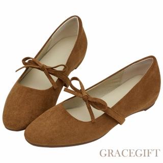 【Grace Gift】日常可愛感蝴蝶結瑪莉珍內增高平底鞋 (棕)