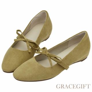 【Grace Gift】日常可愛感蝴蝶結瑪莉珍內增高平底鞋 (駝)