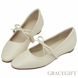 【Grace Gift】日常可愛感蝴蝶結瑪莉珍內增高平底鞋 (米白)