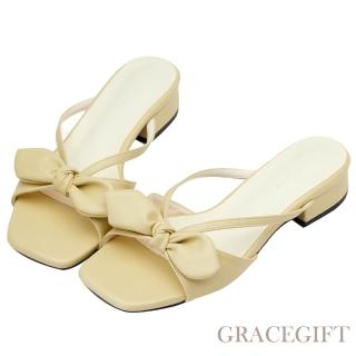 【Grace Gift】日雜感蝴蝶結寬帶低跟拖鞋 (淺黃)