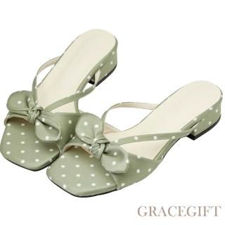 【Grace Gift】日雜感蝴蝶結寬帶低跟拖鞋 (灰綠)