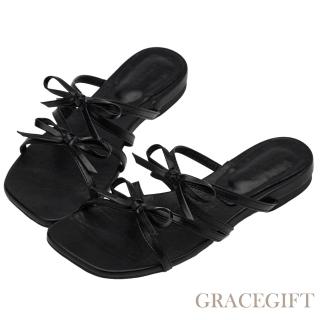 【Grace Gift】韓系雙蝴蝶結細帶平底拖鞋 (黑)