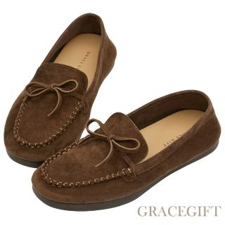 【Grace Gift】舒適輕柔手工真皮蝴蝶結平底莫卡辛鞋 (咖)