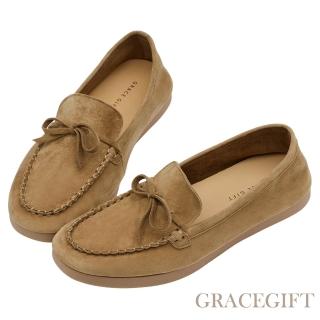 【Grace Gift】舒適輕柔手工真皮蝴蝶結平底莫卡辛鞋 (棕)