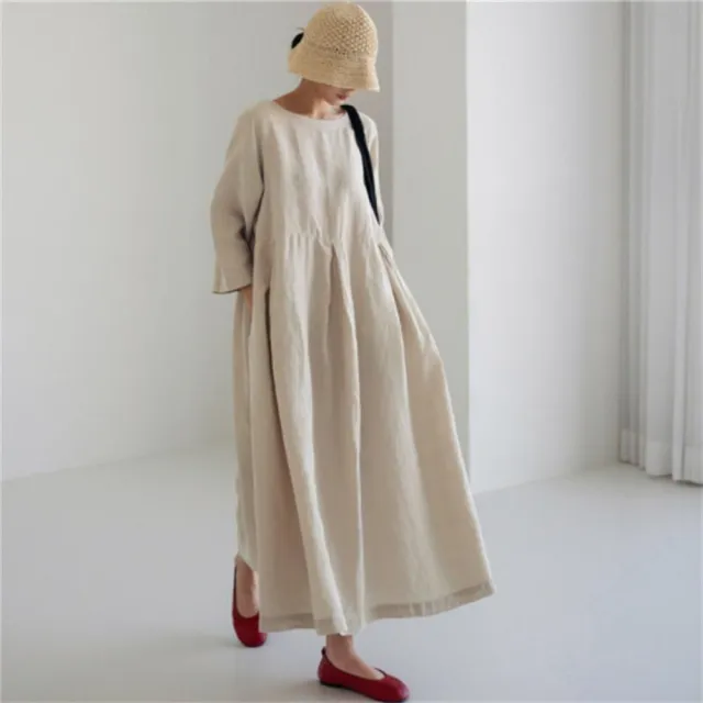 【巴黎精品】現貨限搶 女連身裙亞麻棉麻洋裝大尺碼寬鬆長裙A字裙休閒女裝(長袖太陽裙女裙子3款b1a26)