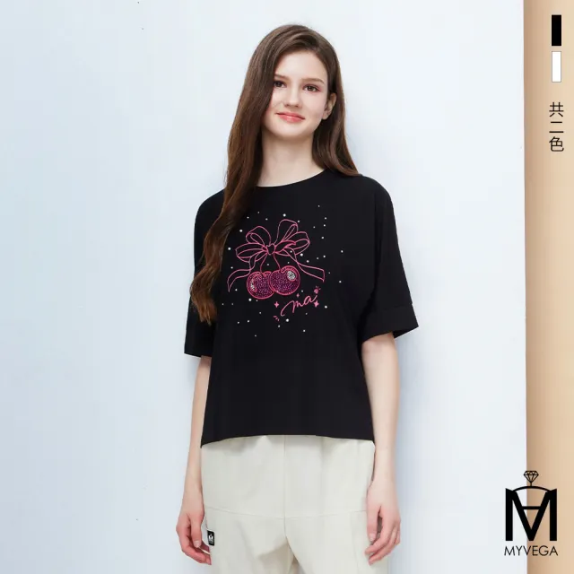 【MYVEGA 麥雪爾】MA嫘縈櫻桃亮鑽蝴蝶結落肩上衣-共二色(女上衣/短袖上衣/彈力T)