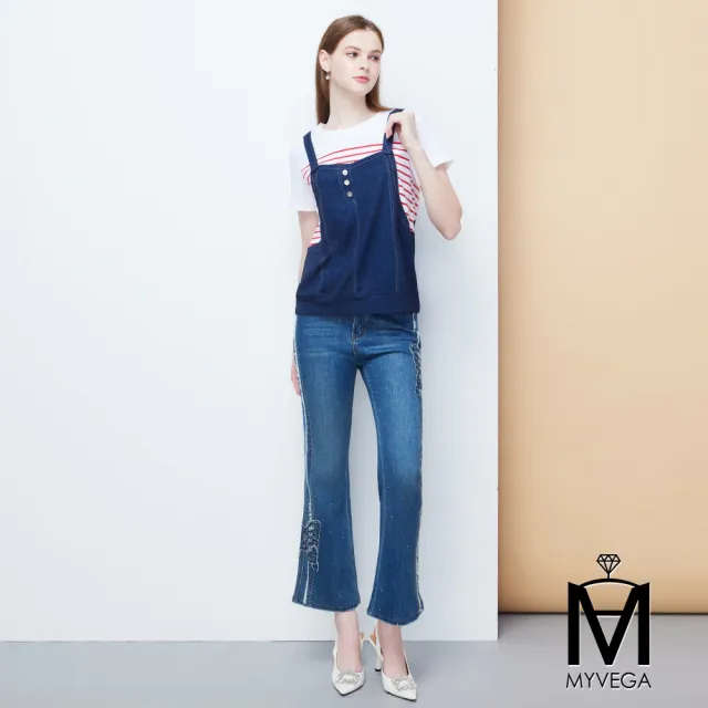 【MYVEGA 麥雪爾】MA高含棉假兩件條紋牛仔吊帶上衣-共二色(女上衣/短袖上衣/假兩件)