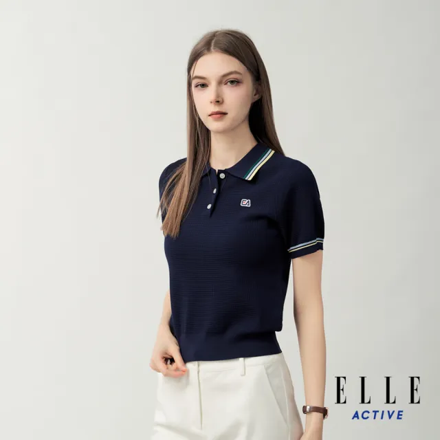 【ELLE ACTIVE】女款 撞色領口翻領短袖針織上衣-深藍色(EA26S4W5105-39)