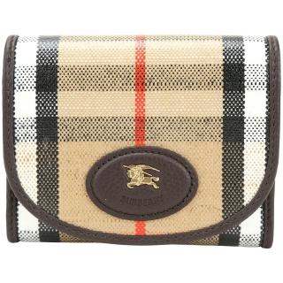【BURBERRY 巴寶莉】Highlands 棉麻混紡格紋帆布戰馬徽標小牛皮三折短夾(沙色)