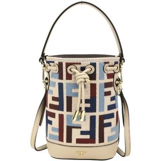 【FENDI 芬迪】Mon Tresor FF彩色刺繡帆布牛皮手提 斜背水桶包(迷你 米色)