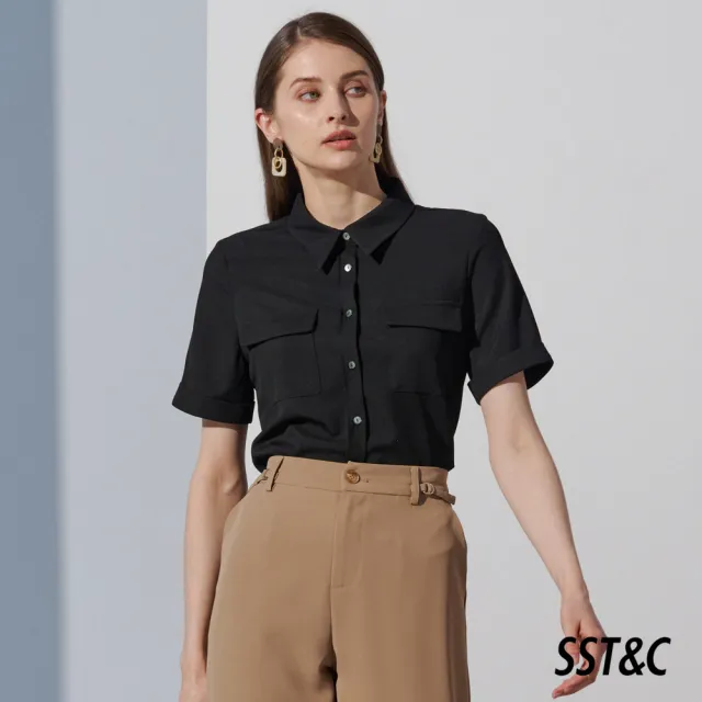 【SST&C】女裝 黑色口袋反折短袖襯衫7662303002(換季55折)