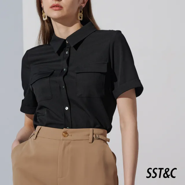 【SST&C】女裝 黑色口袋反折短袖襯衫7662303002(換季55折)