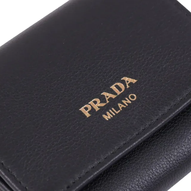 【PRADA 普拉達】經典燙金烙印LOGO小牛皮三折零錢短夾(黑)
