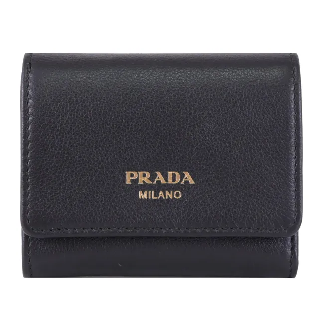 【PRADA 普拉達】經典燙金烙印LOGO小牛皮三折零錢短夾(黑)