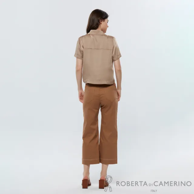 【ROBERTA 諾貝達】香檳摩卡金法式西裝翻領雙排釦短版緞面襯衫 DFJ05-87