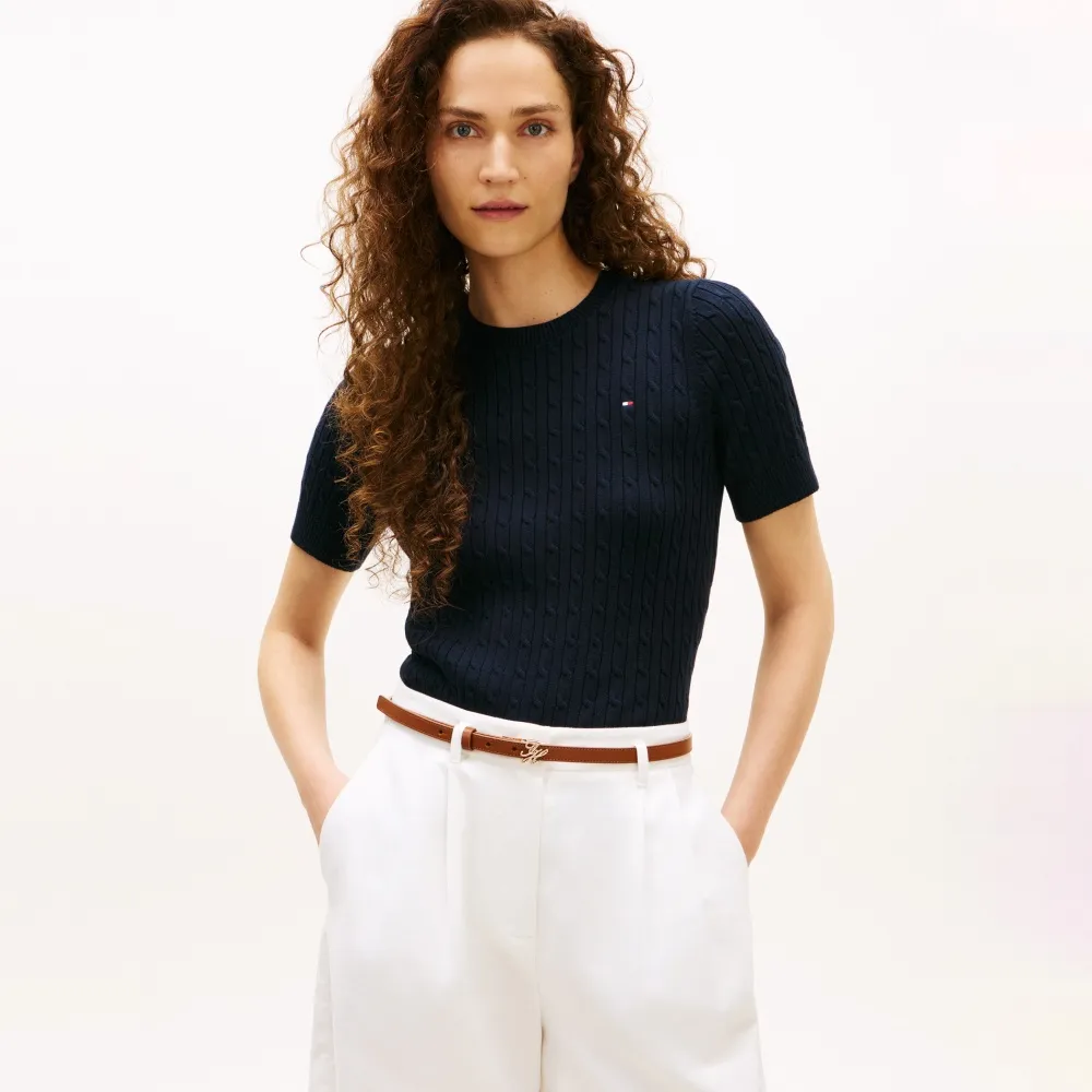 【TOMMY HILFIGER】官方旗艦館絞花針織短袖針織上衣_藍色