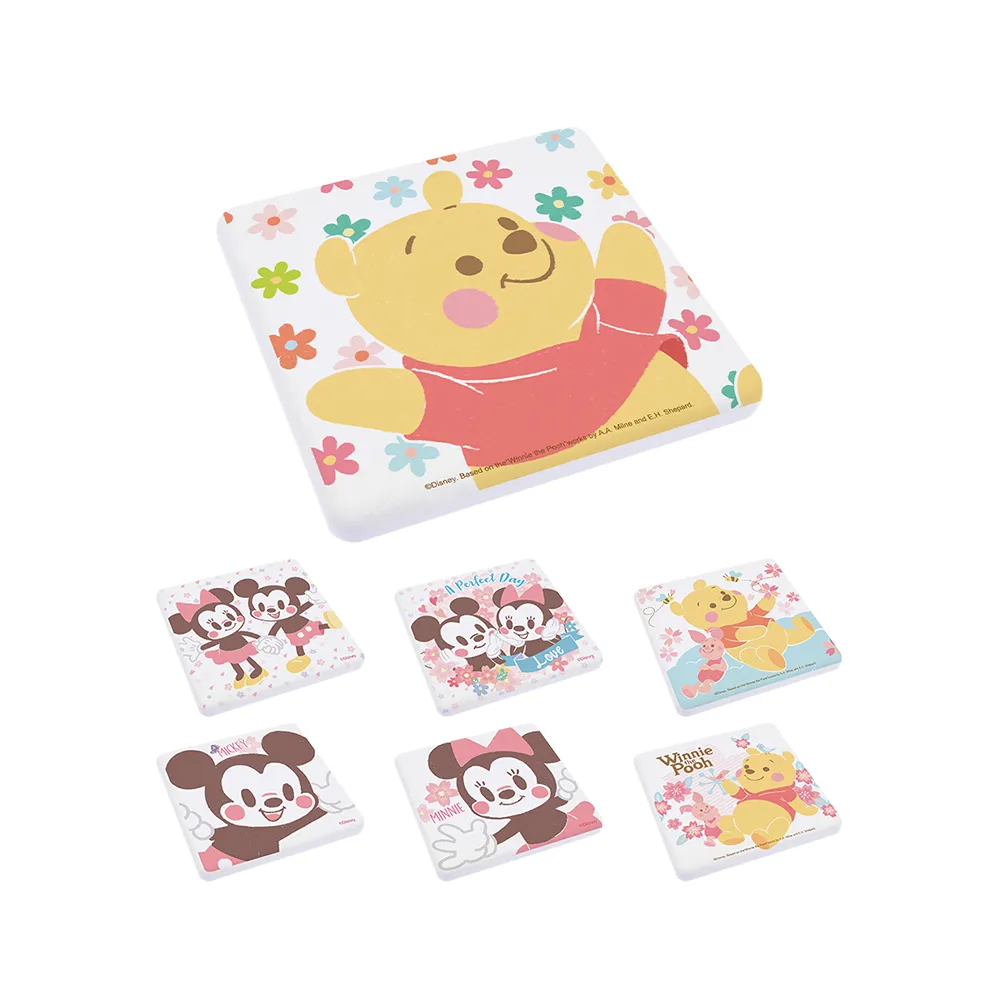 【SONA森那家居】Disney 迪士尼2019方形櫻花系列珪藻土杯墊2入組(10x10x0.9 米奇米妮/維尼/快乾吸水)