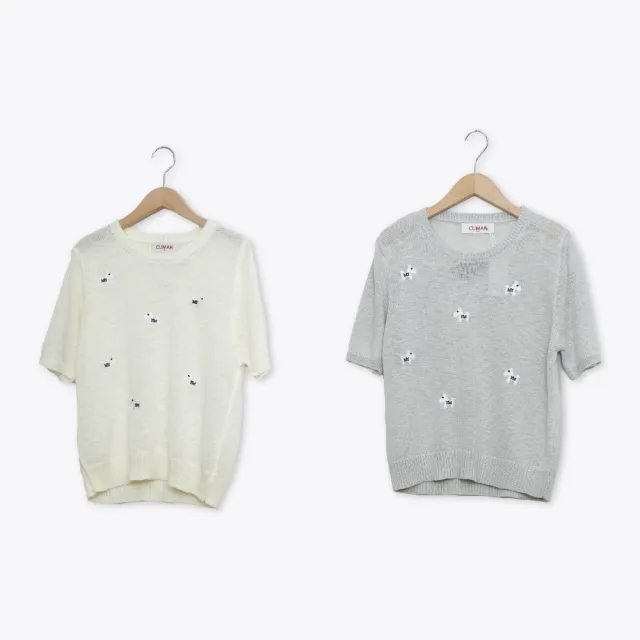 【CUMAR】童趣圖案刺繡圓領短袖針織上衣 杏 灰(魅力商品)