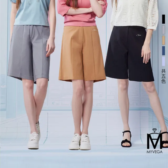 【MYVEGA 麥雪爾】MA同色單釦後鬆緊logo刺繡五分褲-共五色(涼感褲/短褲)