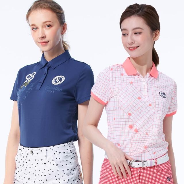 【KING GOLF】獨家特談！女款幾何印花刺繡透氣機能吸濕排汗開襟POLO衫/造型上衣/高爾夫球衫-多款任選