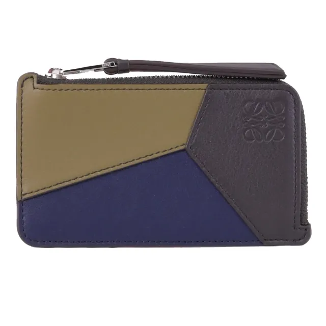 【LOEWE 羅威】PUZZLE 經典烙印LOGO撞色拼接信用卡證件零錢包(綠藍)