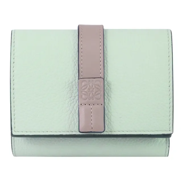 【LOEWE 羅威】經典烙印LOGO撞色牛皮扣式三折零錢短夾(淺藍綠)