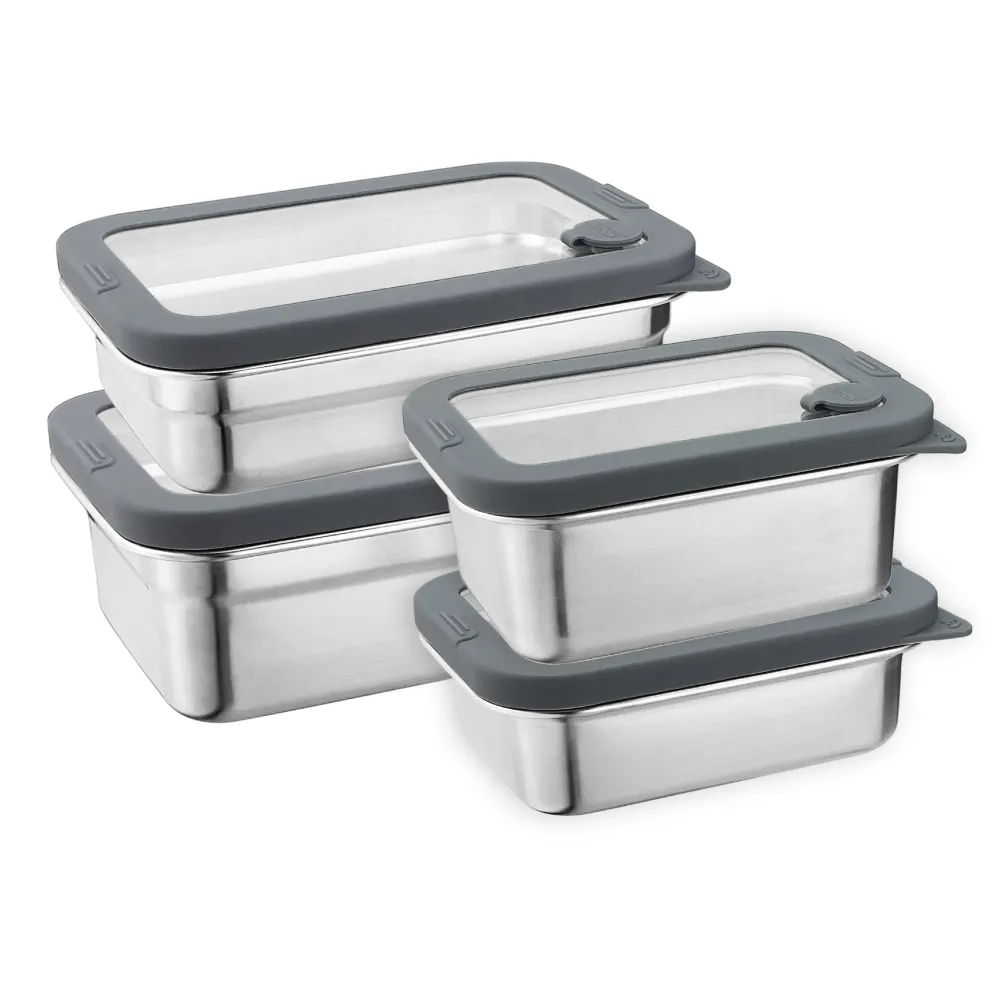 【CHEF 掌廚】ECO 316不鏽鋼玻璃蓋 可微波保鮮盒4件組750ml+1000ml+1200ml+1600ml(矽膠邊框/強化玻璃上蓋)